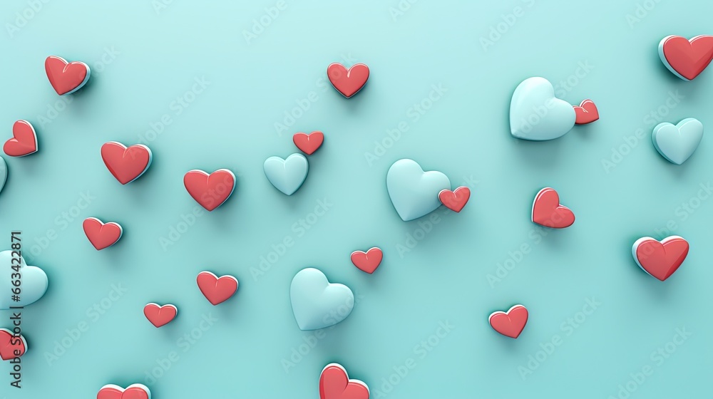 Poster a group of red and white hearts floating on a blue background with a few smaller ones in the middle 