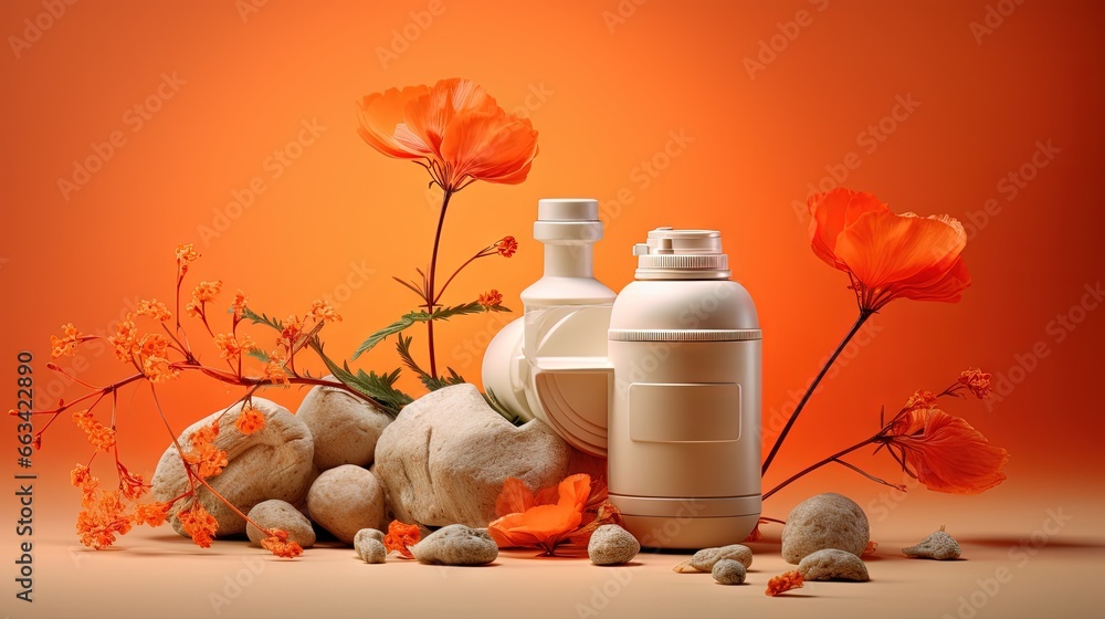 Poster a group of vases sitting next to each other on top of a table next to rocks and flowers on an orange