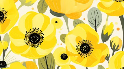  a yellow flower pattern with black dots on a white background with a black dot in the center of the flower and leaves on the bottom of the flower.  generative ai