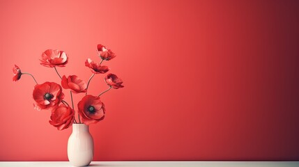 Fototapeta na wymiar a white vase filled with red flowers on top of a table next to a red wall and a red wall in the backround. generative ai