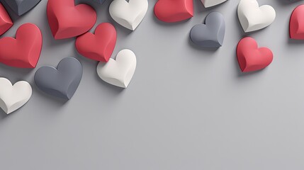  a group of heart shaped objects on a gray surface with a red and white one on the left side of the image and a red one on the right side of the other side of the image.  generative ai