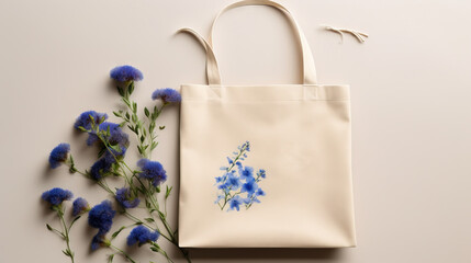  a tote bag next to a bunch of blue flowers on a white surface with the words phouge written on the side of the bag.  generative ai