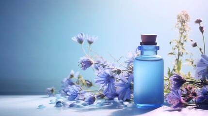  a blue bottle with a wooden cap next to a bunch of flowers on a table with water droplets on it and a blue background with a blue sky.  generative ai - obrazy, fototapety, plakaty
