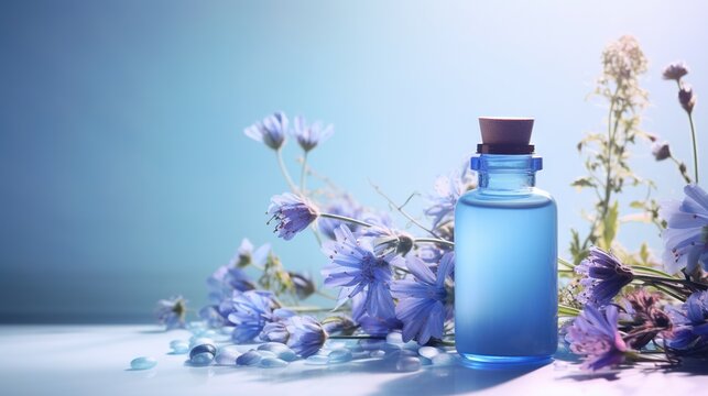  a blue bottle with a wooden cap next to a bunch of flowers on a table with water droplets on it and a blue background with a blue sky.  generative ai