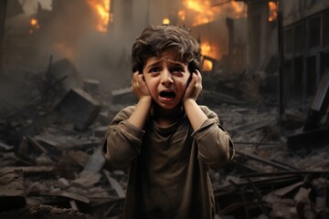 Emotive Image: Palestinian Boy in Tears Amidst Devastated Houses, Expressing Horror and Despair