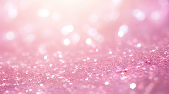  a close up of a pink background with lots of glitter on the bottom of the image and a blurry light in the middle of the background.  generative ai