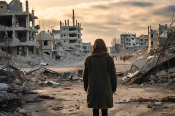 Silent Witness to Devastation: Back View of a Man Standing Amid the Ruins of a City After Bombardment, Reflecting the Palestinian-Israeli Conflict.
