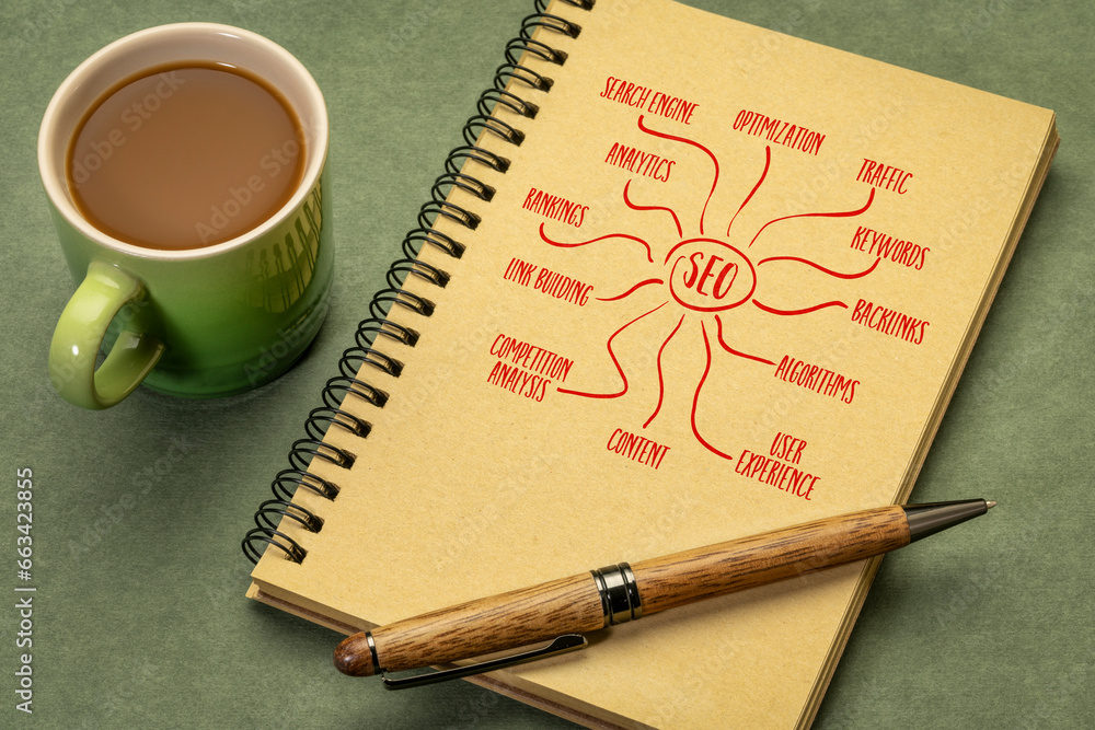 Sticker seo - search engine optimization concept, infographics or mind map sketch in a spiral notebook with 