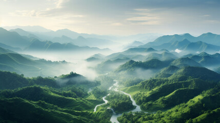 Obraz premium A breathtaking view of a lush, green valley blanketed with fog, creating an ethereal atmosphere