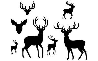 Silhouettes of deers and Christmas reindeer collection - isolated on transparent background, png	