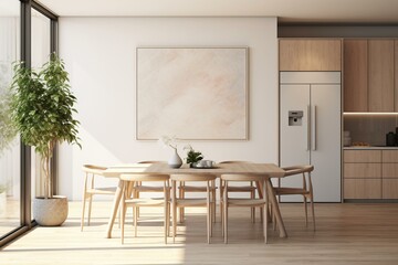 Sustainable, natural look for living space with kitchen. Includes frame and poster mockups. Beautifully rendered with 3D illustrations. Generative AI