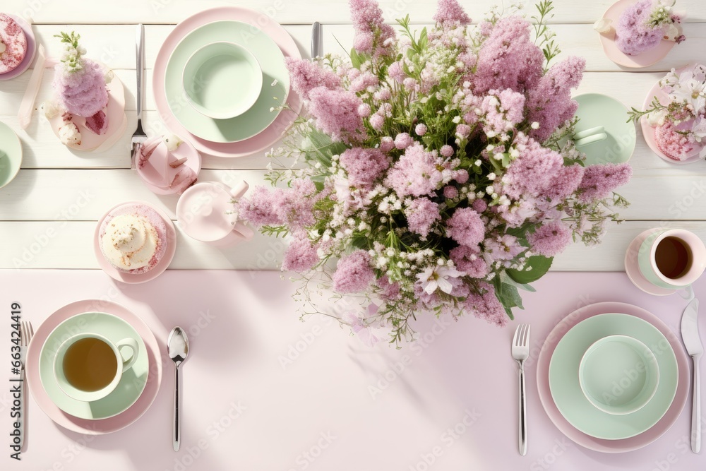 Poster a pink table setting with a vase of flowers and plates. generative ai