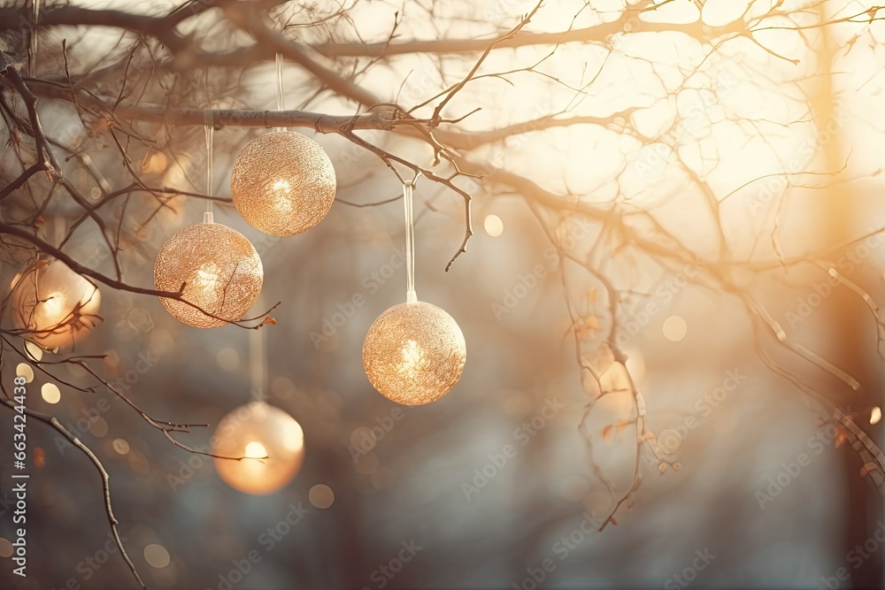 Poster a bunch of balls hanging from a tree branch in the sun. generative ai