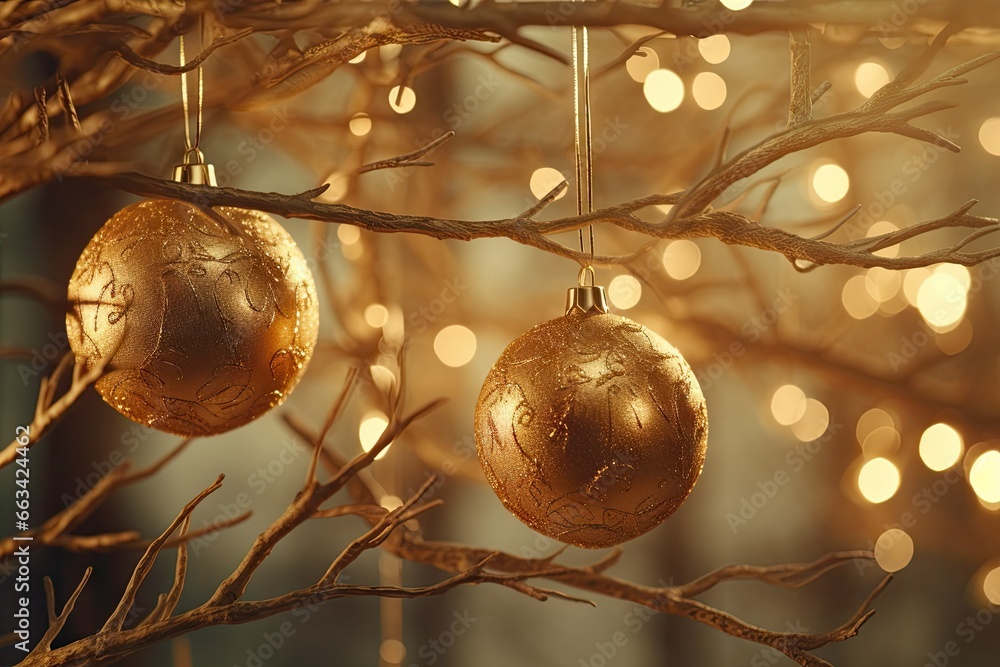 Poster three ornaments hanging from a tree with lights in the background. generative ai