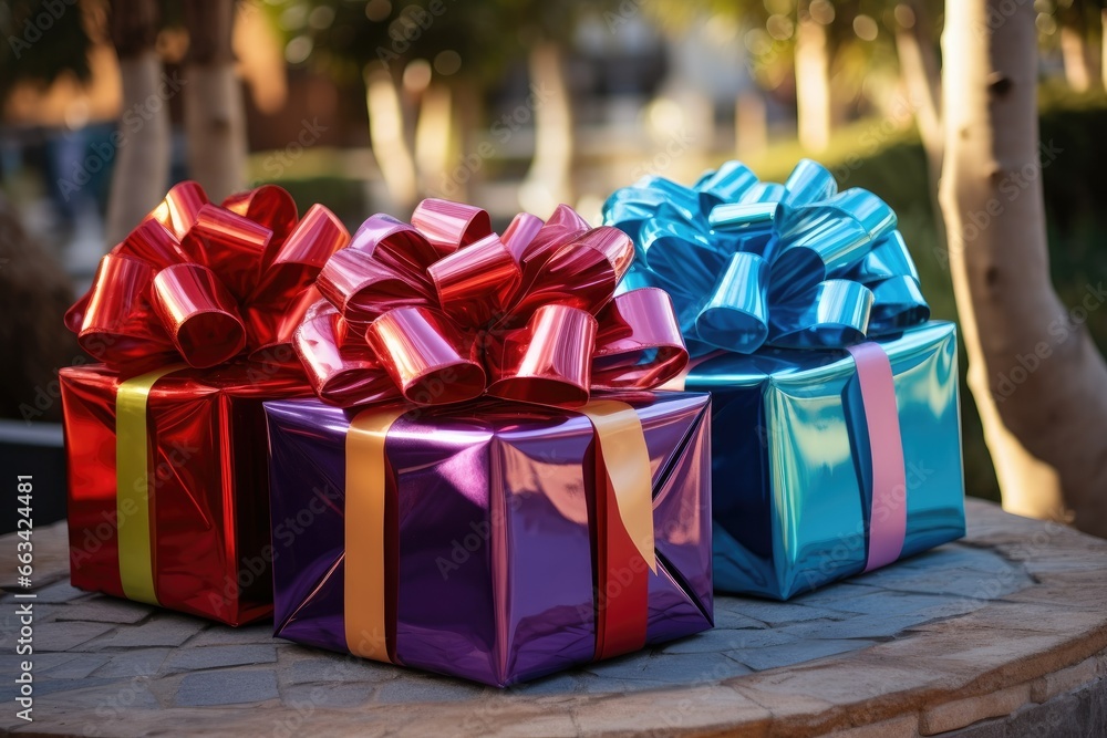 Poster three colorful wrapped gift boxes sitting on a stone slab in front of a tree. generative ai