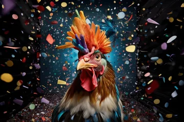 Raamstickers Vibrant Rooster with Colorful Confetti on Black Background © Unitify