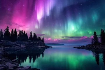 Fotobehang  a beautiful aurora bore over a lake with a forest in the background.  generative ai © Oleg