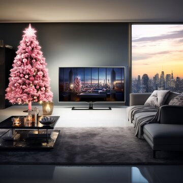 modern living room with a pink Christmas tree, tv is on, we can see Christmas movie on the screen. Beautiful view through the large window.  Christmas or New Year's Eve concept.  Generative AI