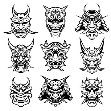 Set of Vintage Samurai Mask vector Bundle elements. Samurai Warrior Design Illustration.