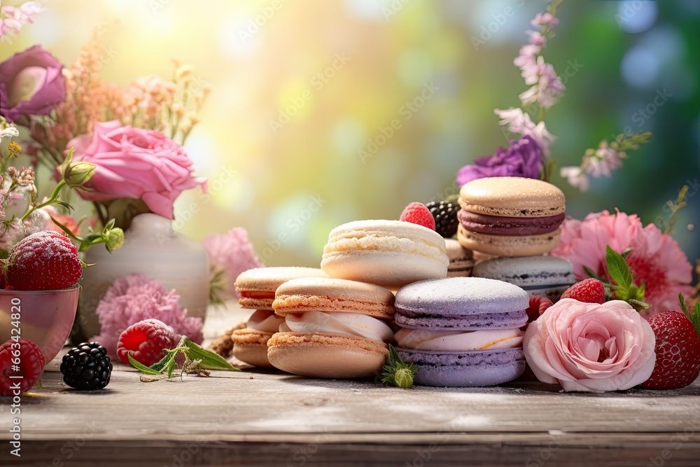 Poster a table topped with lots of different types of macaroons. generative ai