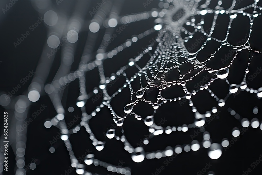 Poster a close up of water droplets on a spider web with a black background. generative ai