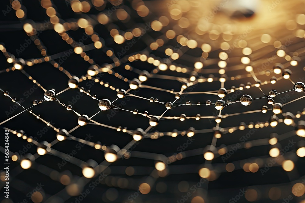 Poster a close up of a spider web with many drops of water on it. generative ai