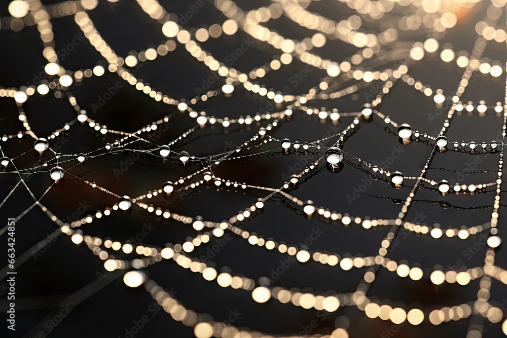 Poster a close up of a spider web with many lights on it. generative ai