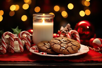  a plate of cookies next to a candle and candy canes.  generative ai