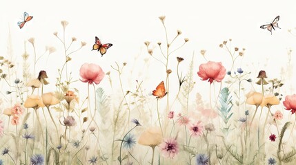  a painting of a field of flowers with butterflies flying over it and a white background with a light blue sky in the background and a white wall.  generative ai - obrazy, fototapety, plakaty