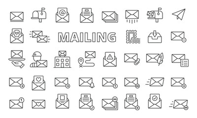 Mailing icons in line design. Envelope, mail, business, email, letter, address, send, receive, inbox, outbox, tracking icons isolated on white background vector. - obrazy, fototapety, plakaty
