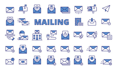 Mailing icons in line design blue. Envelope, mail, business, email, letter, address, send, receive, inbox, outbox, tracking icons isolated on white background vector.
