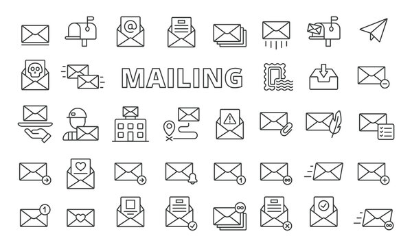 Mailing icons in line design. Envelope, mail, business, email, letter, address, send, receive, inbox, outbox, tracking icons isolated on white background vector.
