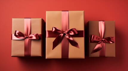 Christmas cardboard boxes with red ribbon on crimson background. Christmas gifts. Generative AI.