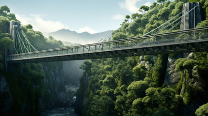 A bridge spanning a deep ravine, connecting two valleys of lush, green forests