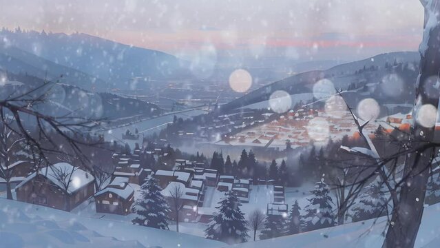 winter landscape with snow covered houses in the town. Cartoon or anime watercolor painting illustration style. seamless looping 4K time-lapse virtual video animation background.