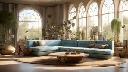 Fototapeta na wymiar A Whimsical Living Room with a Grand Window A Digital Rendering by Gregory Gillespie
