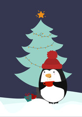 cute vector illustration of penguin near christmas tree. cartoon penguin in forest with tea. cozy christmas card illustration. flat new year animal illustration