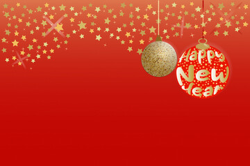 Merry Christmas card with blurred shiny lights gold stars hanging ball decoration toys on red background Copy space text Greeting card  Banner Poster Winter holidays Classic design New Year Joyful joy