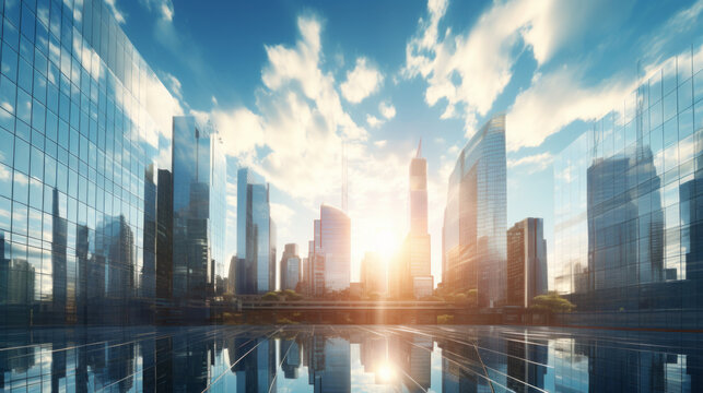 A bright morning sky reveals a cityscape of tall glass buildings, reflective of the sun's rays 