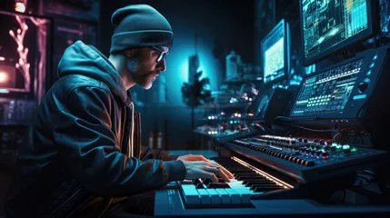 Fotobehang A European musician creating digital music using synthesizers and digital audio workstations © basketman23