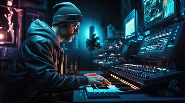 A European musician creating digital music using synthesizers and digital audio workstations