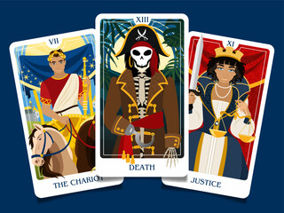 The layout of the cards of the senior arcana. The three cards are the chariot, death and justice. Occult esoteric spiritual Tarot. Numerology and fortune telling. Modern vector illustrations