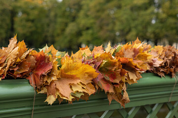 Red, yellow maple leaves on the balustrade in the park. Colorful autumn leaves laying on the balustrade. Bright autumn background