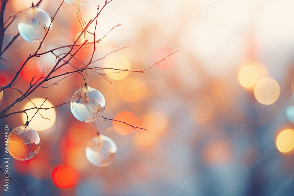 Poster a close up of a tree with bubbles hanging from it. generative ai