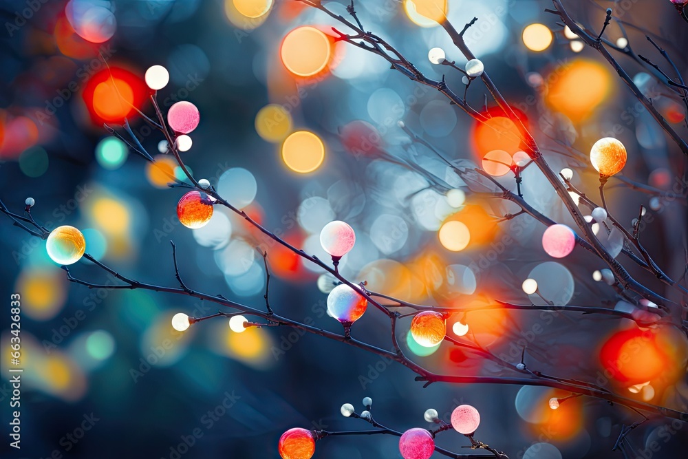 Poster a branch with many colored lights on it and a blurry background. generative ai