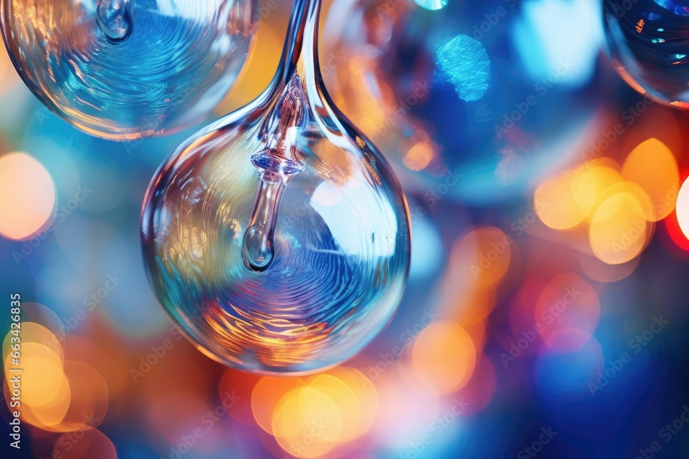 Poster a group of water droplets hanging from a string of lights, creating a beautiful and mesmerizing effe