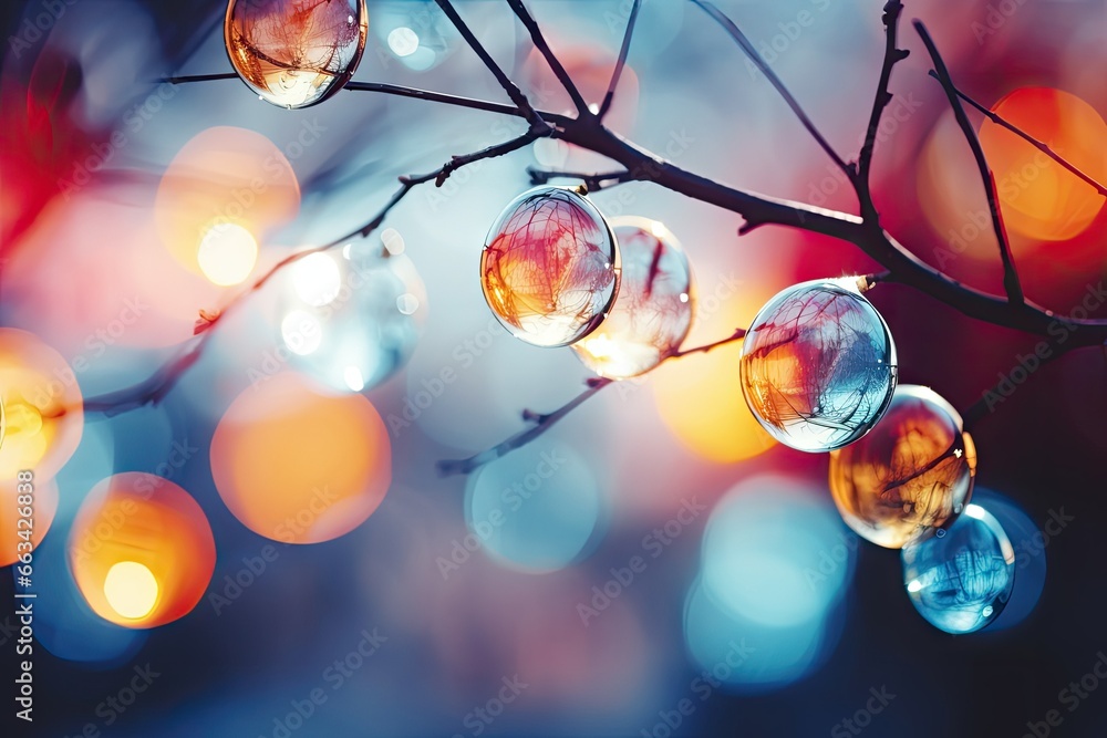 Poster a tree branch with a bunch of water droplets hanging from it, illuminated by a few lights in the bac