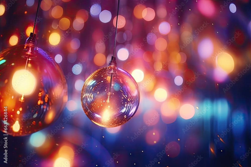 Poster a close up of two glass ornaments hanging from a string. generative ai