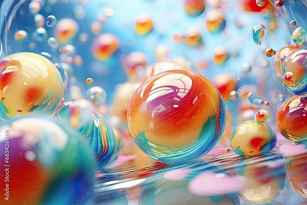 Poster a group of colorful marbles floating in the water, creating a mesmerizing effect the marbles are of 