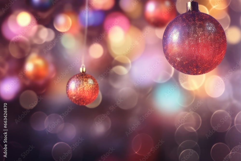 Aufkleber two red ornaments hanging from a string with blurry lights in the background. generative ai